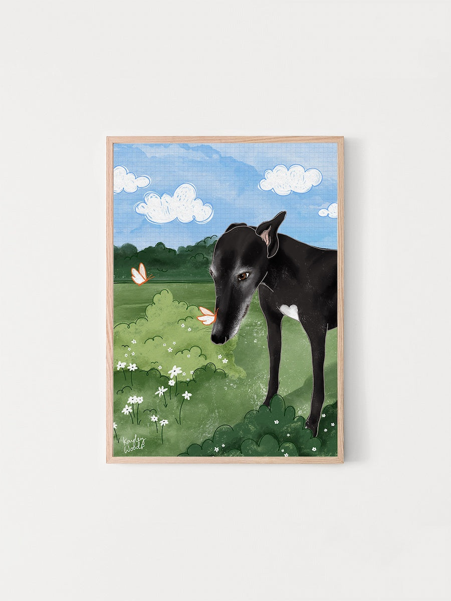 Dog print and wall art of a greyhound in a garden illustrated by Kayley Woods for Long Dog Club