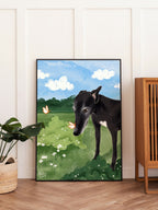 Framed poster of a black greyhound with a butterfly