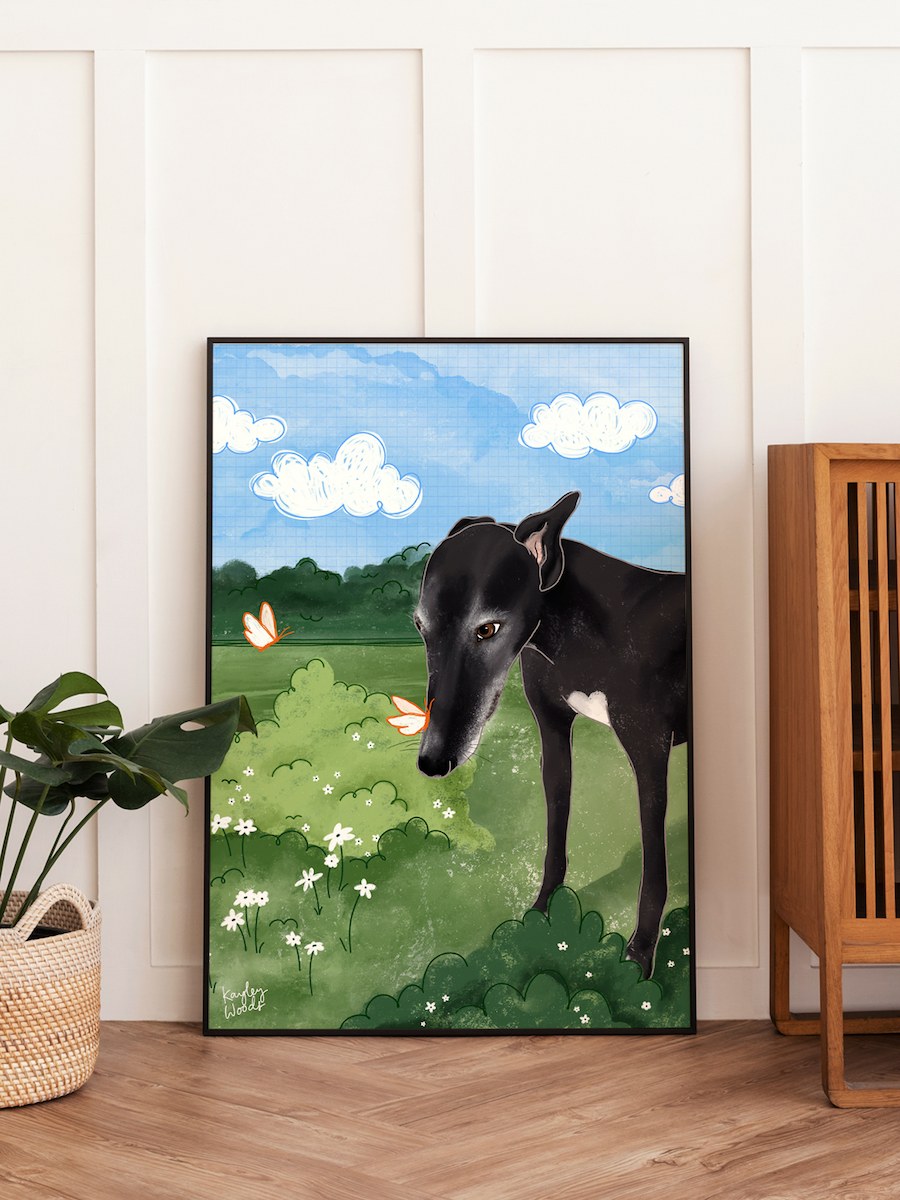 Framed poster of a black greyhound with a butterfly