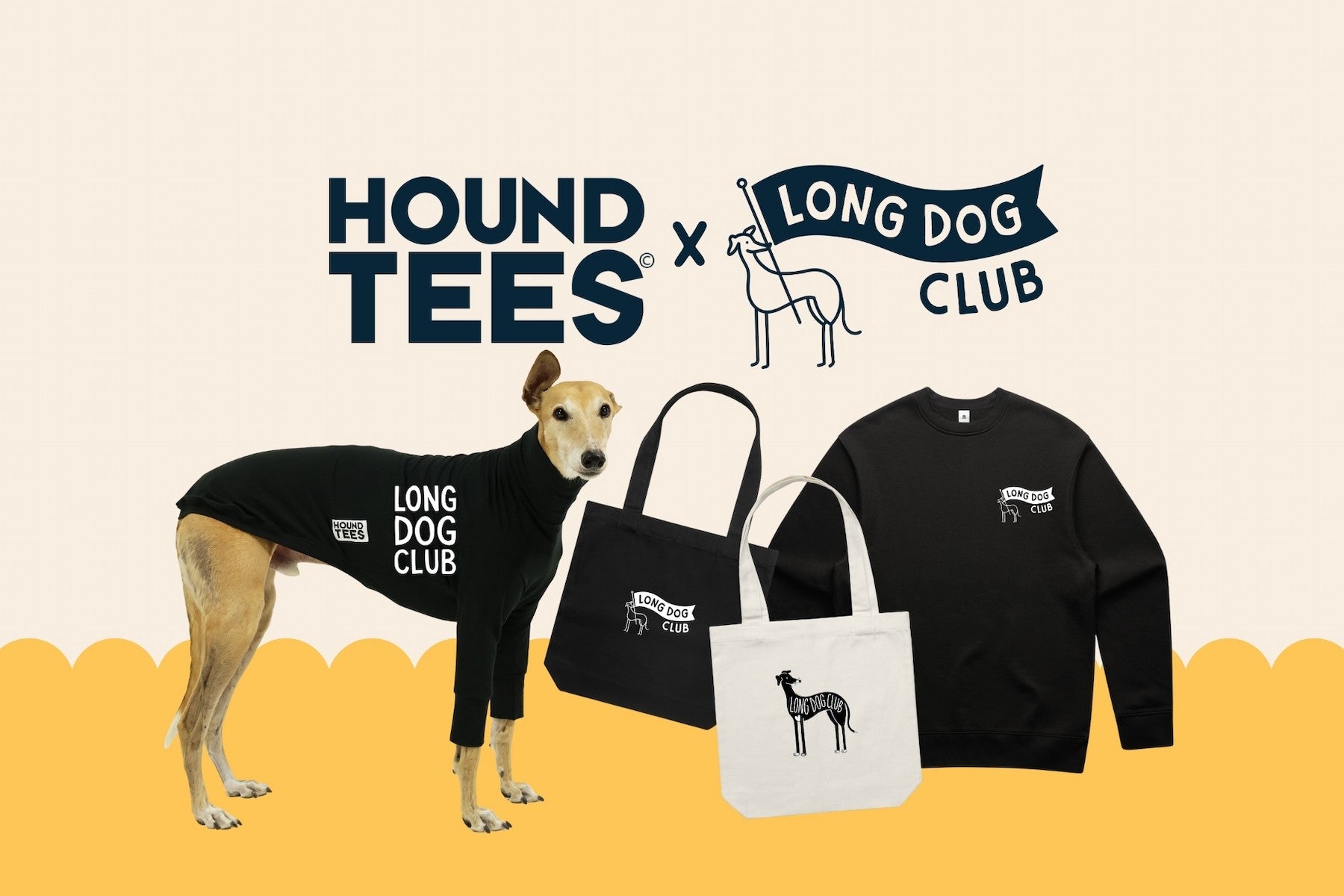 Greyhound collaboration between Hound Tees and Long Dog Club featuring a dog, sweatshirt and tote bag.