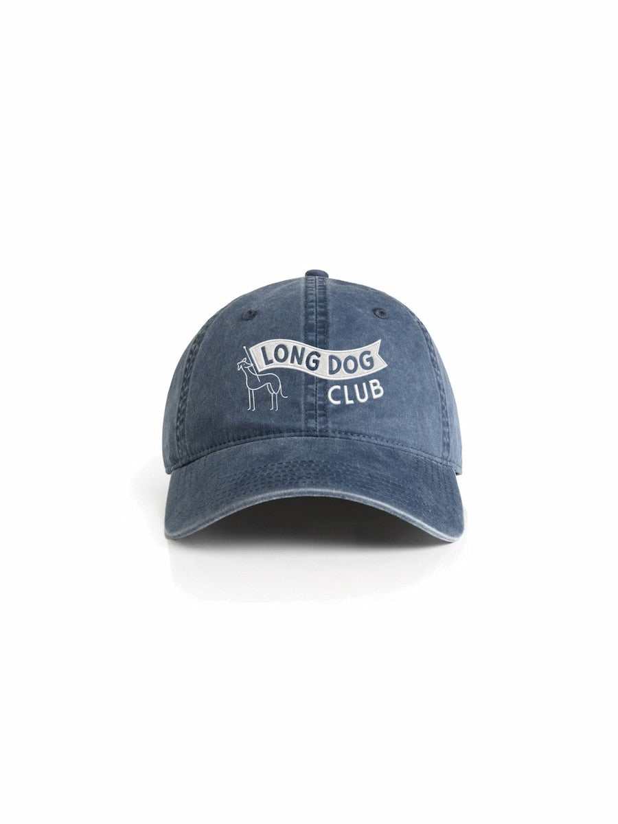 Blue denim cap with 'Long Dog Club' logo on a white background