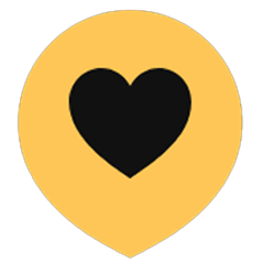 A black heart centered inside a warm yellow icon, denoting a community organisation