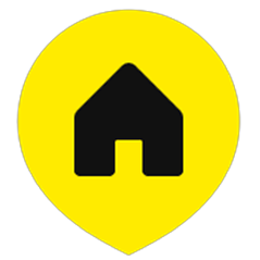 A bright yellow circular map-pin style icon with a black house symbol in the center, denoting an industry rehoming org