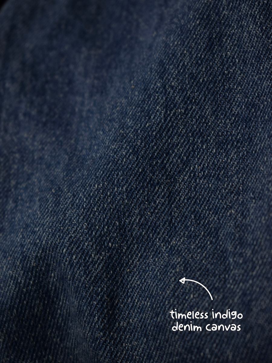 Close-up of dark blue denim fabric with 'timeless indigo denim canvas' text.