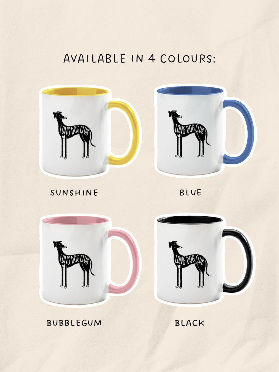 Four available dog mug colours: Sunshine (Yellow), Blue, Bubblegum (Pink) and Black
