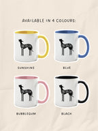 Four available dog mug colours: Sunshine (Yellow), Blue, Bubblegum (Pink) and Black