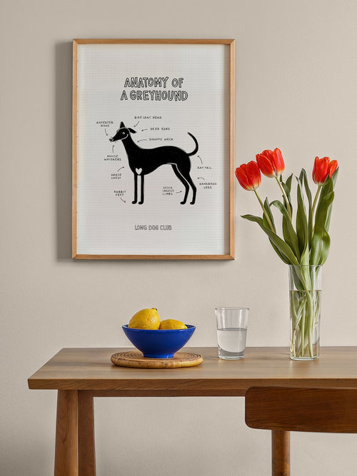 Quirky greyhound wall art displayed in the dining room above a table and decor