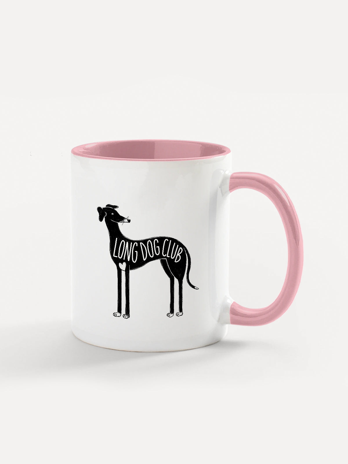 Pink Long Dog Club mug with whippet illustration