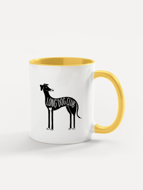 Yellow Long Dog Club mug with greyhound illustration