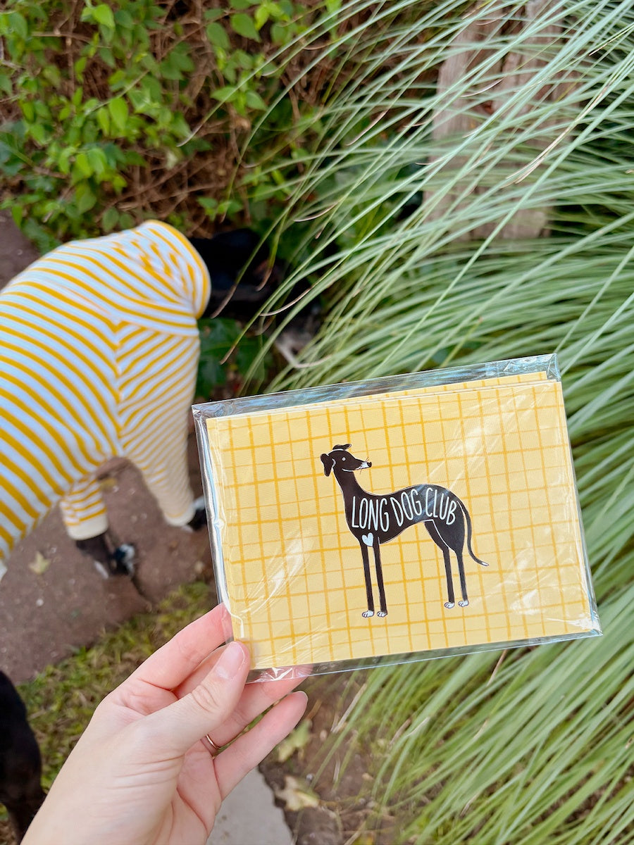 Postcard pack with 'Long Dog Club' branding held by a hand, with a dog and grass in the background.