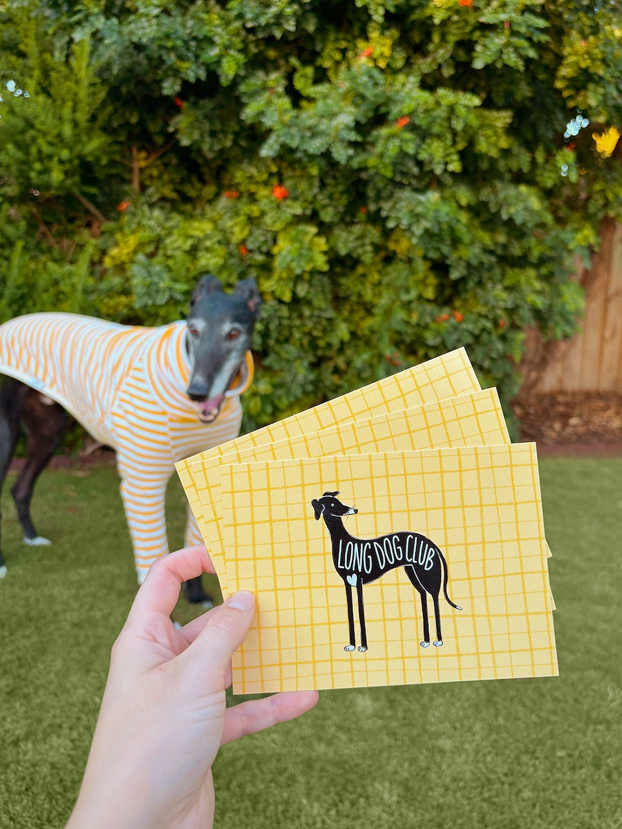 Hand holding yellow Long Dog Club postcards with a dog illustration in front of a greyhound outdoors.