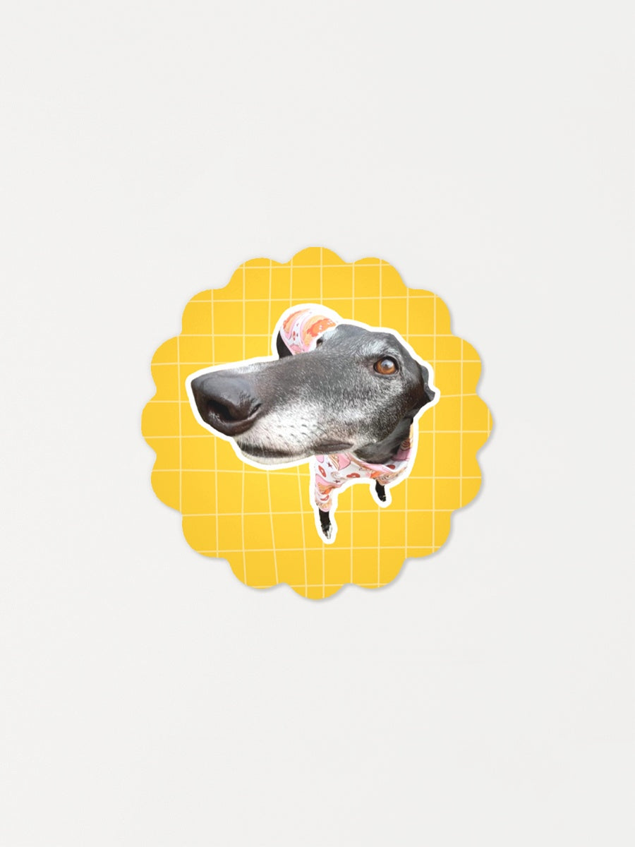 Greyhound sticker with a yellow scalloped border on a light gray background