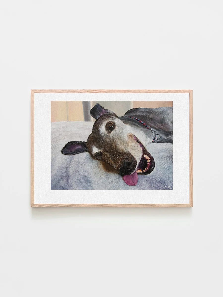A framed art print featuring a painted portrait of a greyhound dog called George painted by Elliott Fox. George is laying down and smiling with his tongue out. 