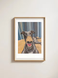 Portrait of Gracie Grace, a cheeky, high-energy greyhound with one eye as painted by Elliott Fox for the Saint Grey art exhibition. She is smiling and she has dirt on her nose. 