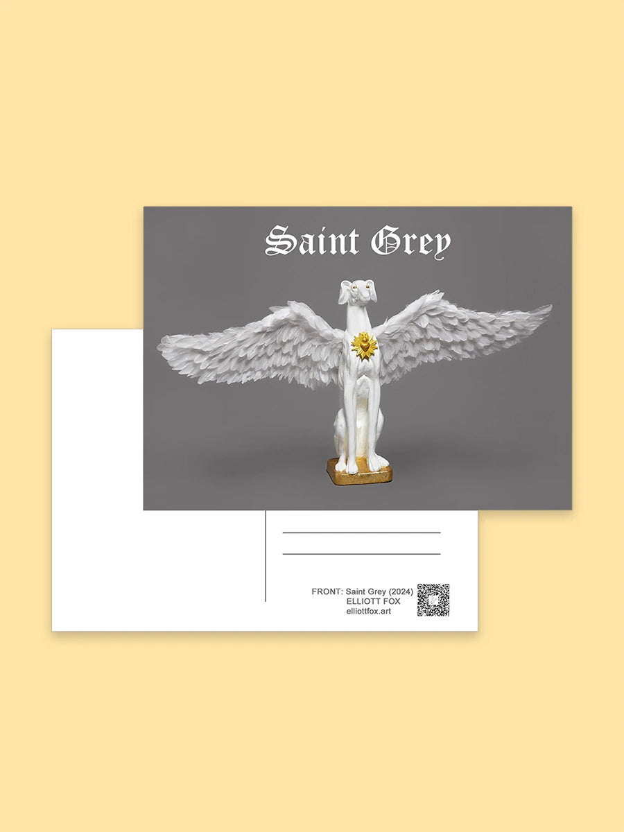 Front and back of the Saint Grey postcard by Elliott Fox on a pale yellow background. The front has a gray panel with the text 'Saint Grey' above a white winged statue with a gold heart detail.