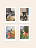 Four framed art prints featuring painted portraits of dogs, arranged in a 2x2 grid on a light beige background. These four greyhounds are part of an Australian family and painted by Elliott Fox.