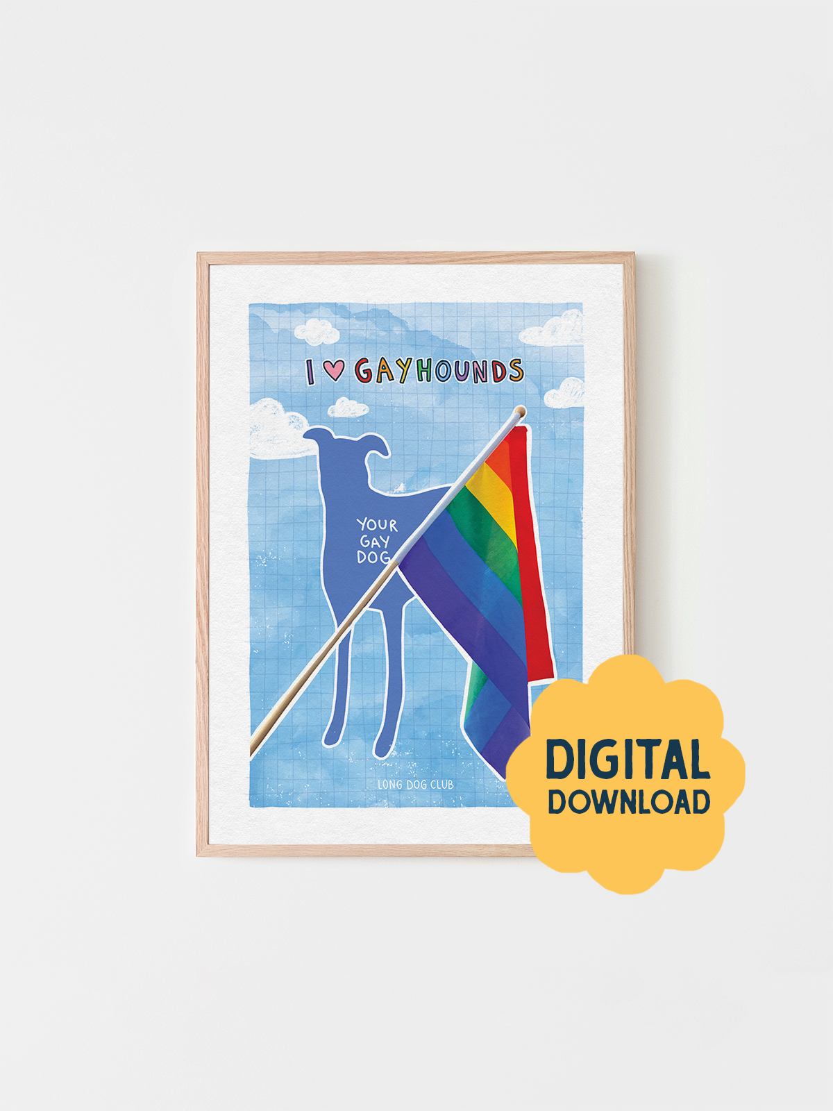 Framed artwork of a dog holding a rainbow flag with 'I ❤️ Gay Hounds' text