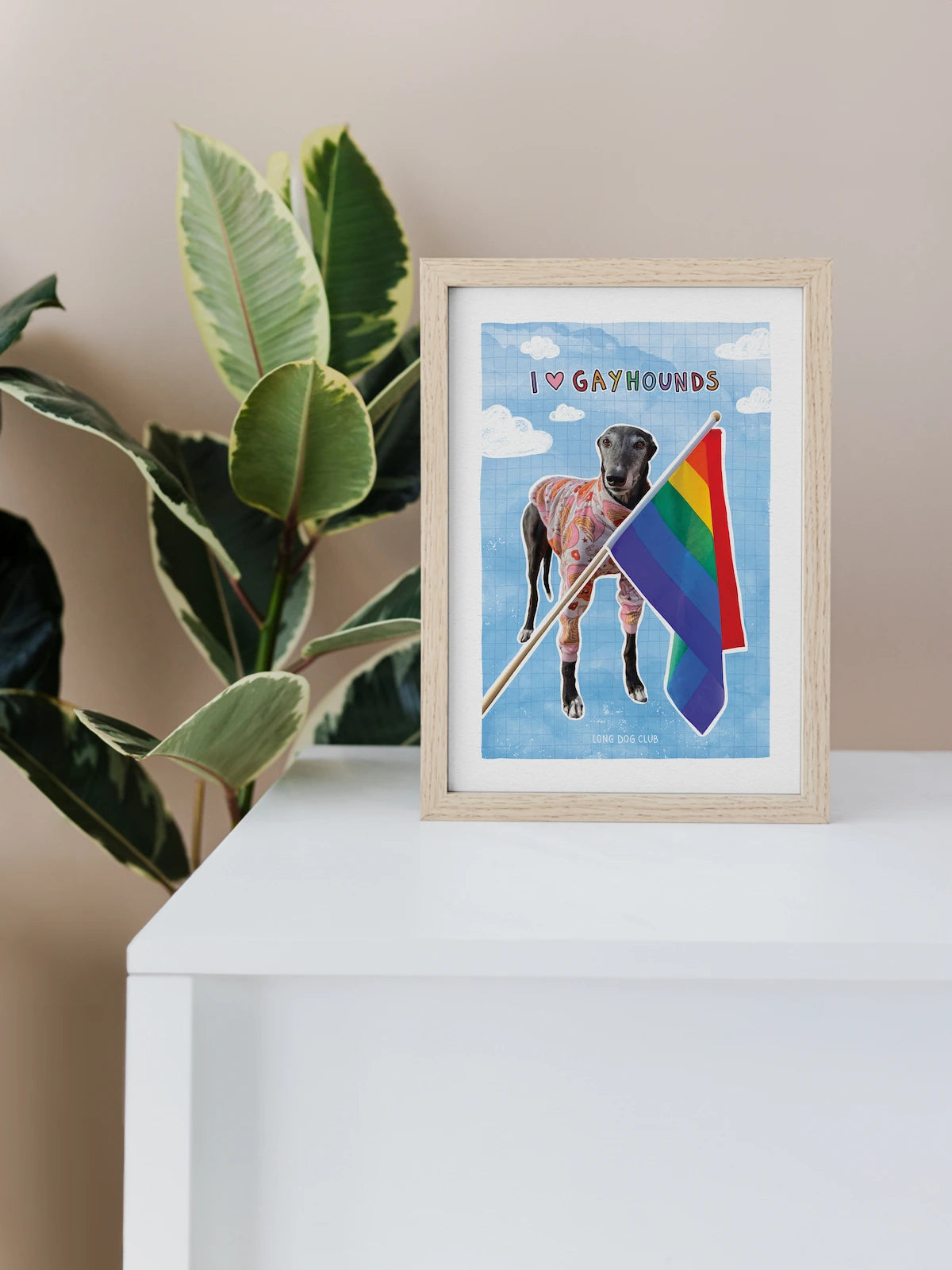 Framed picture of a dog holding a rainbow flag on a white surface with a plant in the background