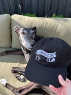 Black dog lying on a couch with a 'Long Dog Club' cap held in front