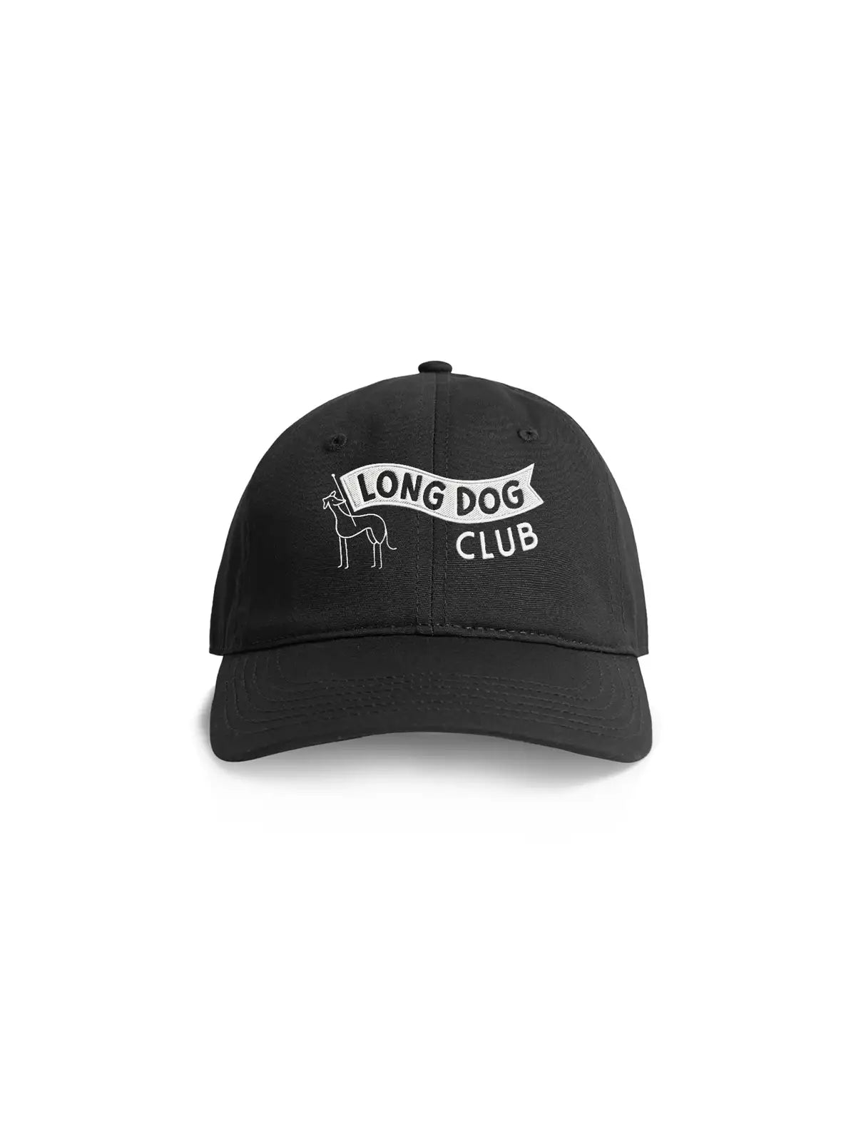 Black cap with 'Long Dog Club' text and logo on a white background. A great hat for dog lovers