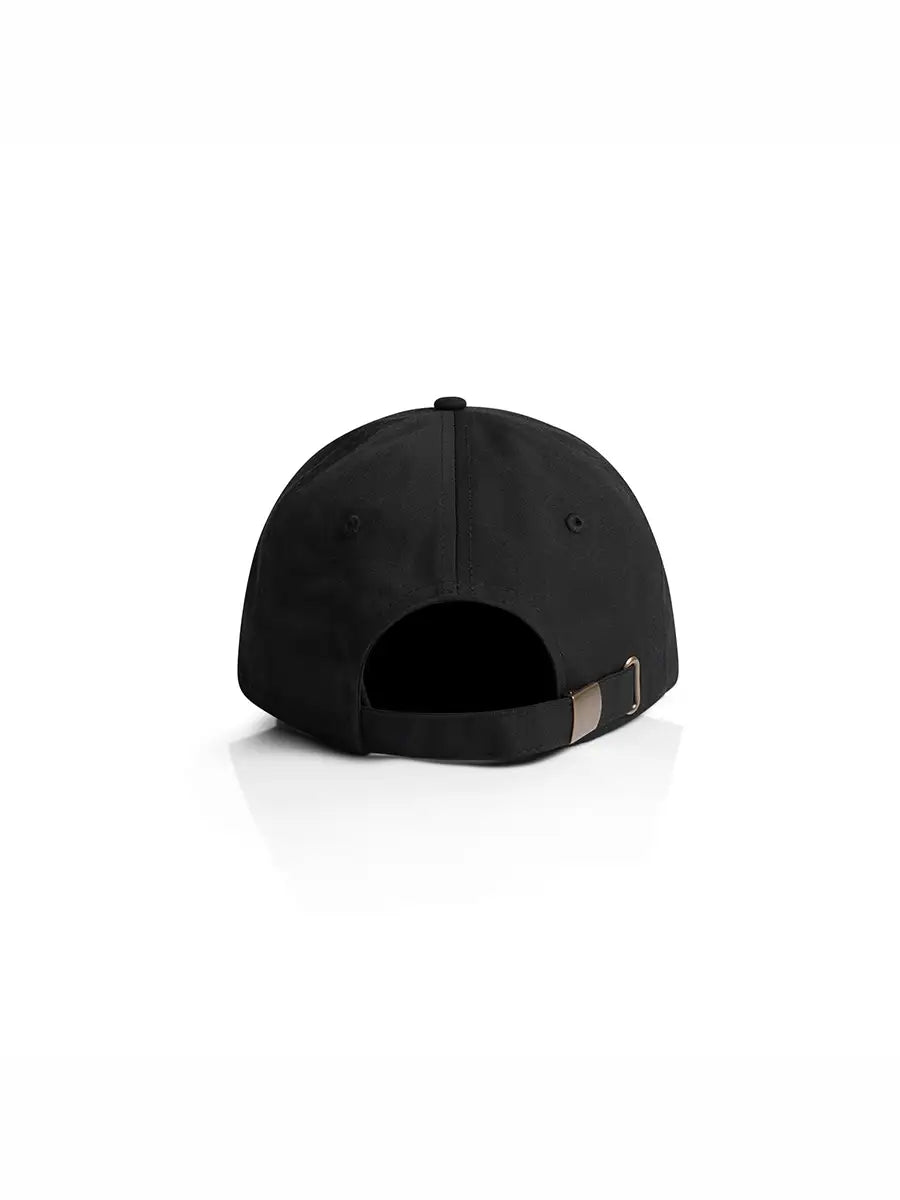 The back of a black cap on a white background which shows adjustable clasp
