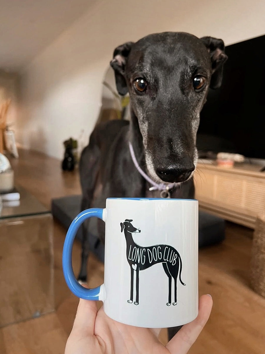 Rocky, a black greyhound, inspects the blue Long Dog Club mug