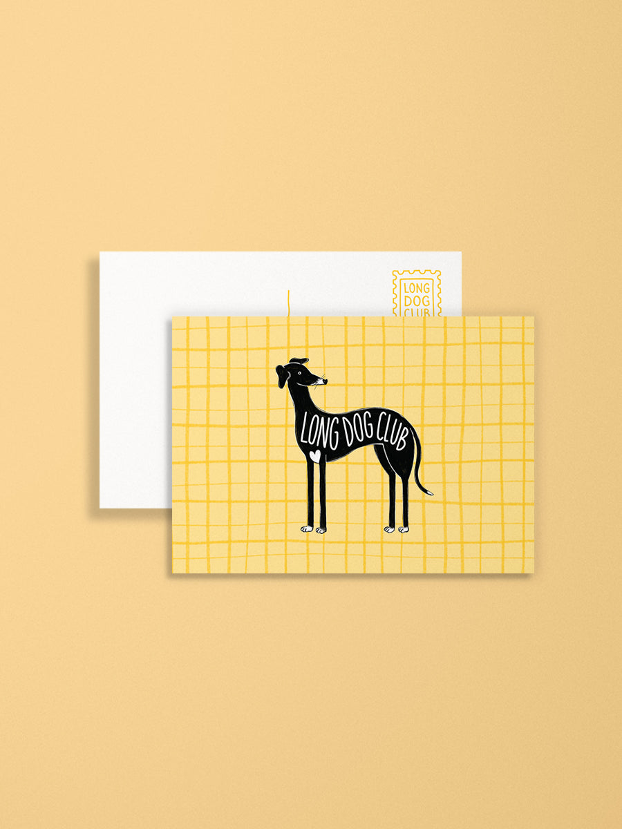 Greyhound postcard card with dog illustration and 'Long Dog Club' text on a yellow grid background