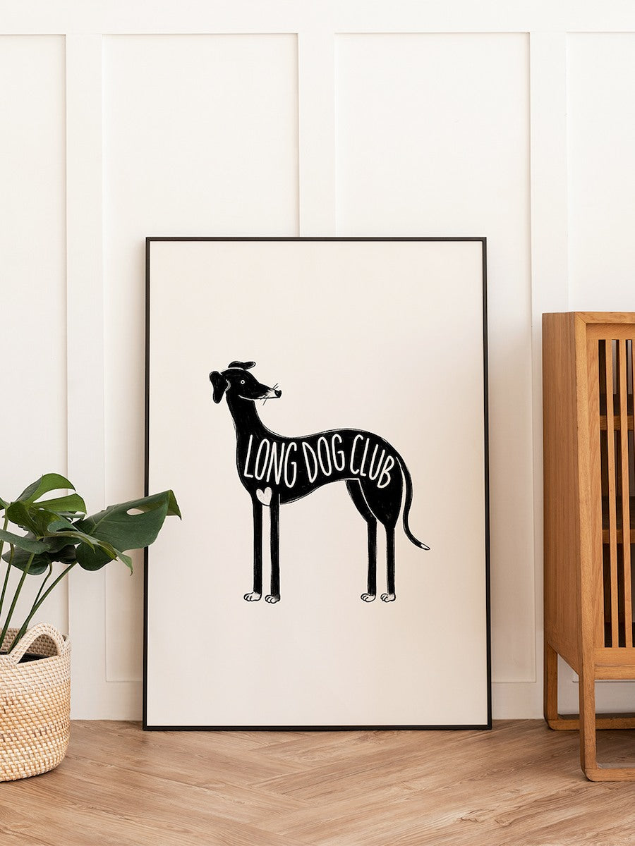 Greyhound poster sitting on the floor of a wonky sighthound