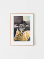 A framed custom pet portrait of a black greyhound dog called Winston wearing a yellow turtleneck jumper. He looks very handsome and has his ears up as he gazes towards his owner. 