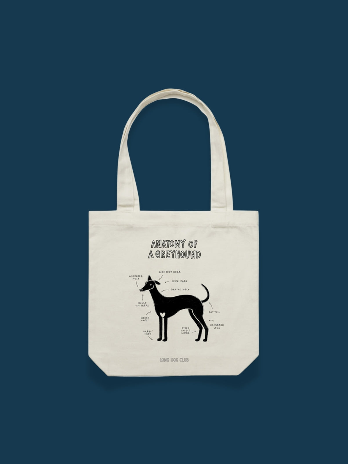 Tote bag with 'Anatomy of a Greyhound' design on a dark blue background from Long Dog Club