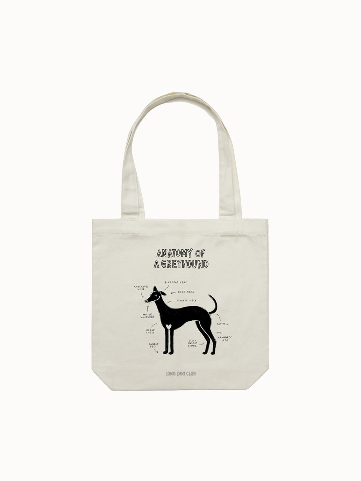 Tote bag with a diagram of a greyhound by Long Dog Club on a white background
