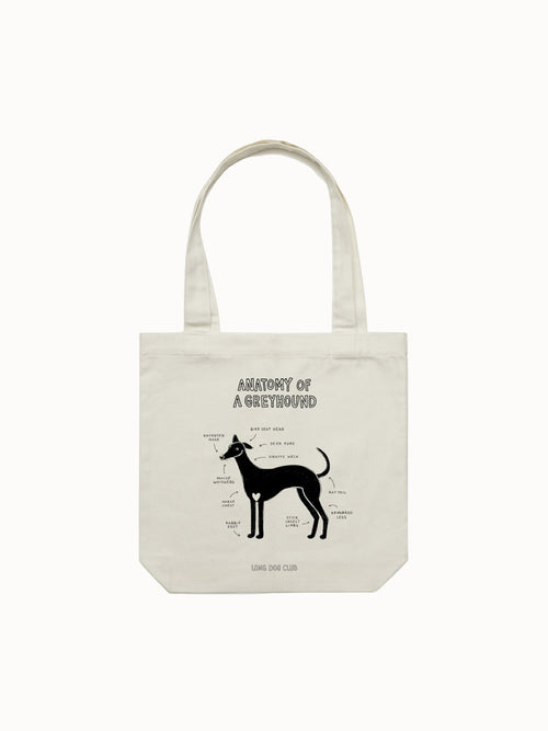 Tote bag with a diagram of a greyhound by Long Dog Club on a white background