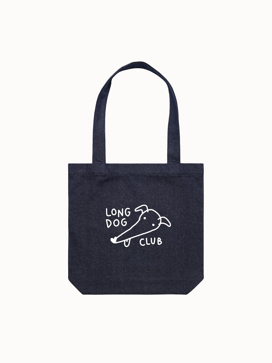 Denim tote bag with 'Long Dog Club' text and greyhound graphic on a white background