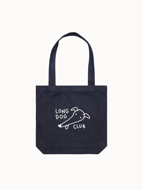 Denim tote bag with 'Long Dog Club' text and greyhound graphic on a white background
