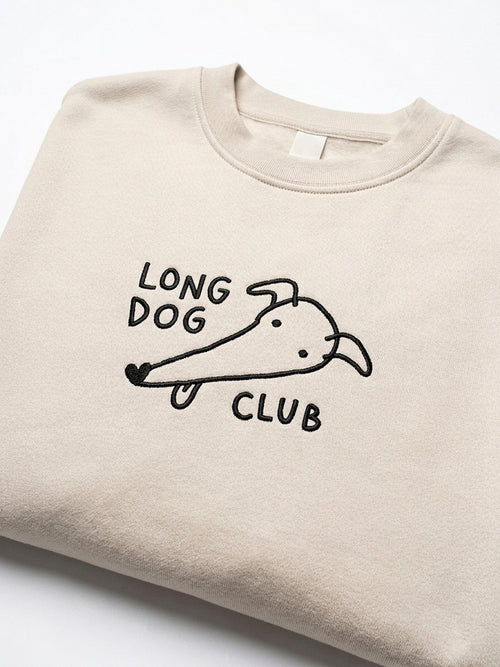 Cream sweater with embroidered 'Long Dog Club' graphic of a sighthound, on a white background