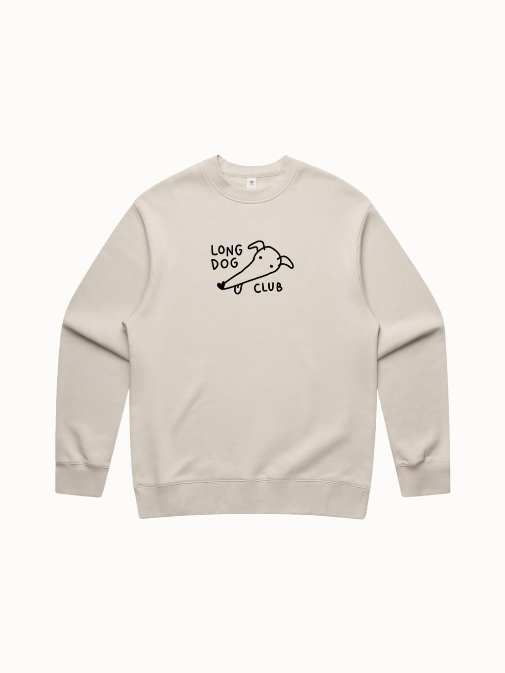 Beige sweatshirt with 'Long Dog Club' text and logo on a white background, featuring a 'Limited Edition' label.