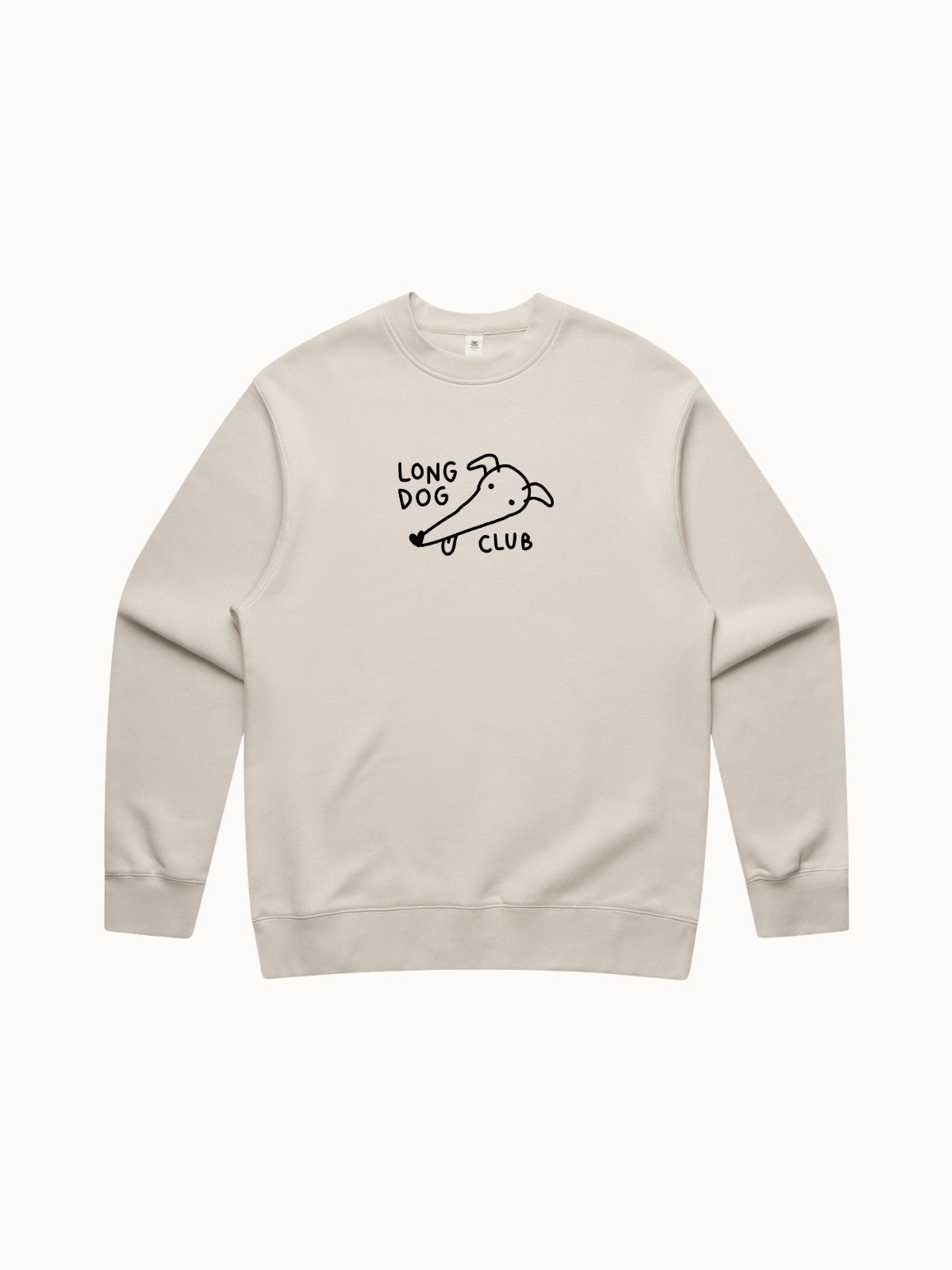 Beige sweatshirt with 'Long Dog Club' text and logo on a white background, featuring a 'Limited Edition' label.