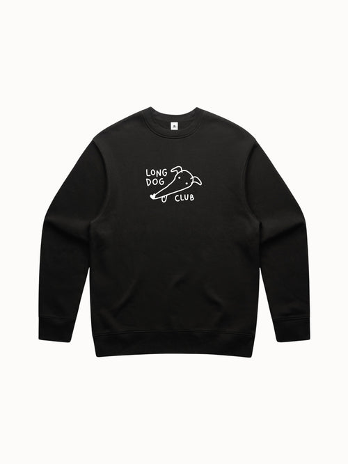 Black sweatshirt with embroidered greyhound design with text labels "limited edition" and "embroidered design"